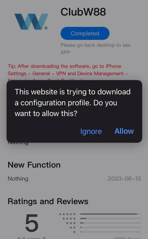 Hoàn thành cài đặt App W88