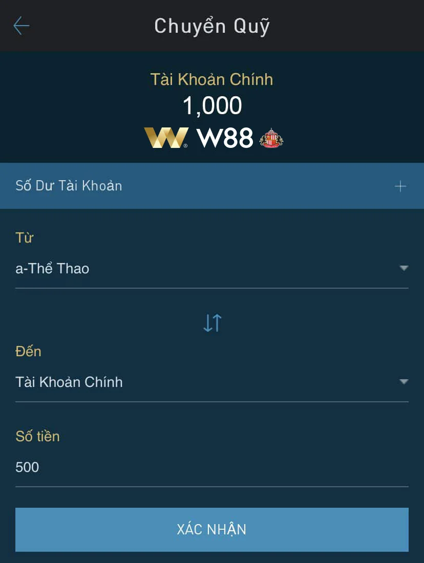 Chuyển Quỹ để rút tiền từ W88